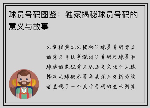 球员号码图鉴：独家揭秘球员号码的意义与故事